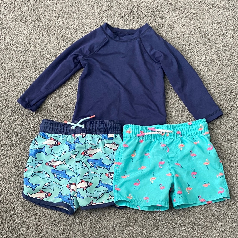 Cat & Jack Navy Rashguard with Shark and Flamingo Swim Trunks boys 2t
